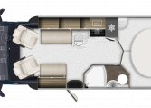 Interior floor layout of the 2026 Auto-Trail Imala 730 showing kitchen, bathroom, front dinette and bedroom arrangement.