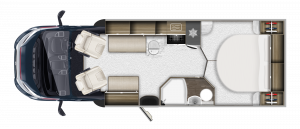 Interior floor layout of the 2026 Auto-Trail Imala 730 showing kitchen, bathroom, front dinette and bedroom arrangement.