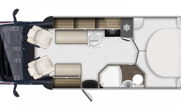 Interior floor layout of the 2026 Auto-Trail Imala 730 showing kitchen, bathroom, front dinette and bedroom arrangement.