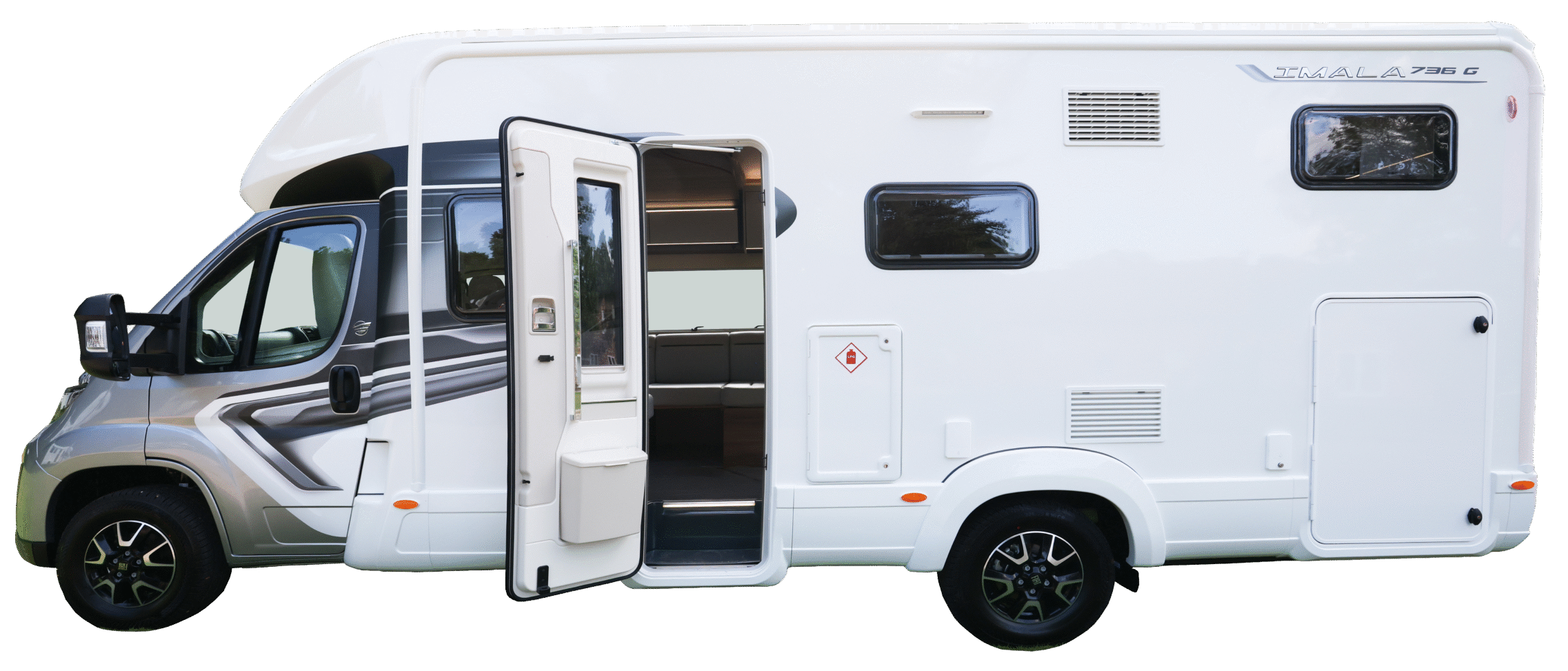 2026 - Auto-Trail Imala 736G - Exterior Transparent Side view of a 2026 Auto-Trail Imala 736G motorhome showing the open habitation door and camper exterior.