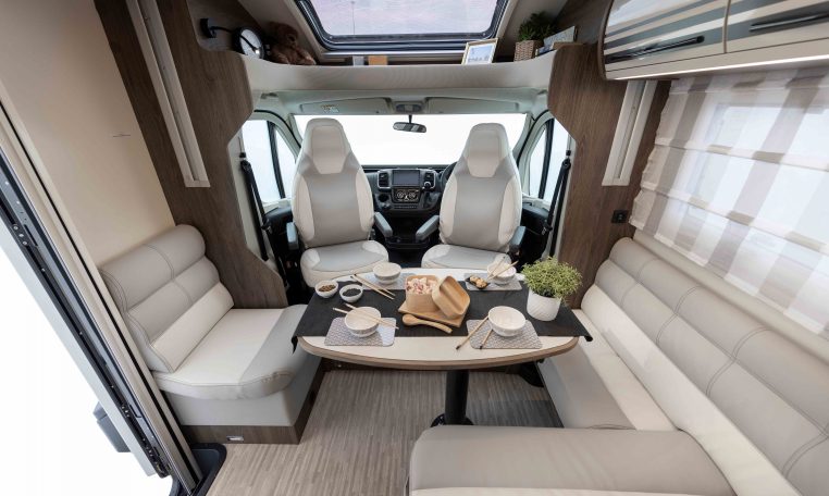 2026 Roller Team T-Line 700 interior view showing the front dining blinds.