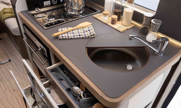 2026 Roller Team T-Line 700 interior view showing the kitchen drawers.