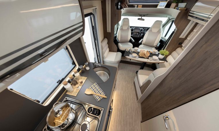 2026 Roller Team T-Line 700 interior view showing the kitchen stove top.