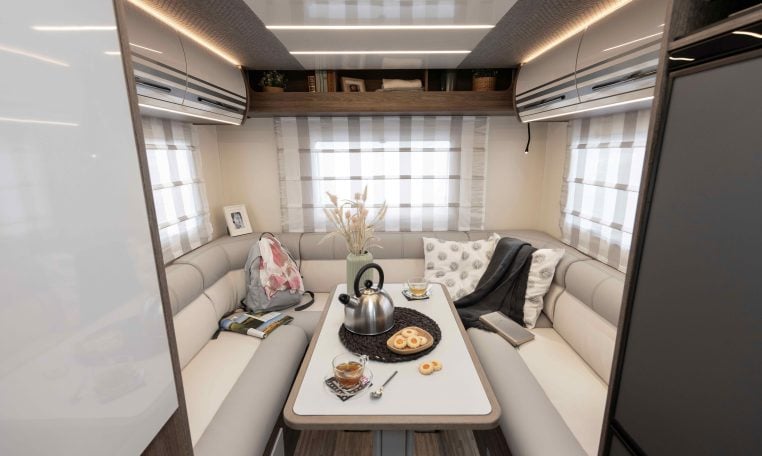 2026 Roller Team T-Line 700 interior view showing the rear lounge.