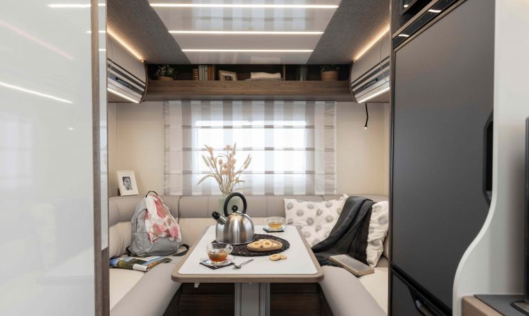 2026 Roller Team T-Line 700 interior view showing the rear lounge skylight.