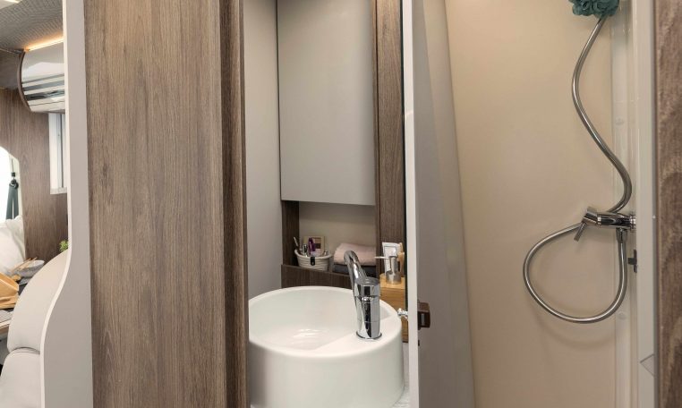 2026 Roller Team T-Line 700 interior view showing the separate shower.