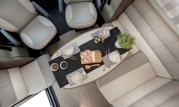 2026 Roller Team T-Line 700 interior view showing the top view of dining table.