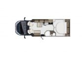Auto-Trail Imala 730 motorhome interior floorplan layout showing seating, kitchen, bathroom, and sleeping area from above.