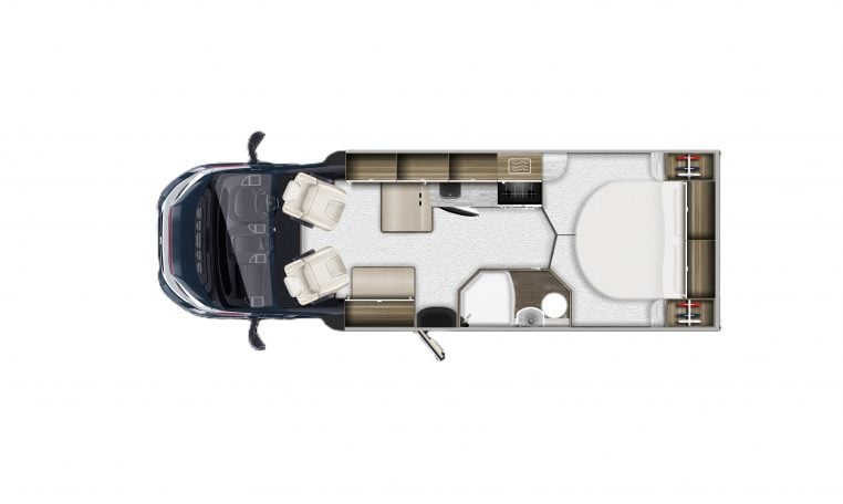 Auto-Trail Imala 730 motorhome interior floorplan layout showing seating, kitchen, bathroom, and sleeping area from above.