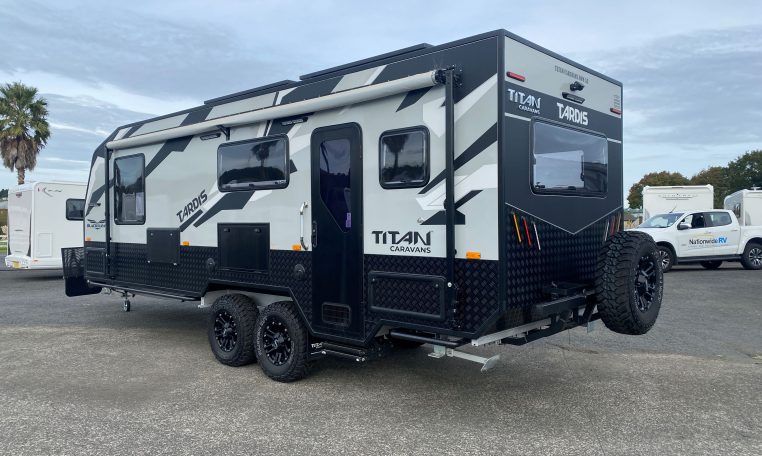 2024 Titan Blackhawk Tourer 720 Tardis caravan exterior rear view.