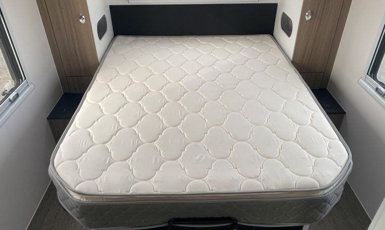 2024 Titan Blackhawk Tourer 720 Tardis caravan interior view showing the island bed.