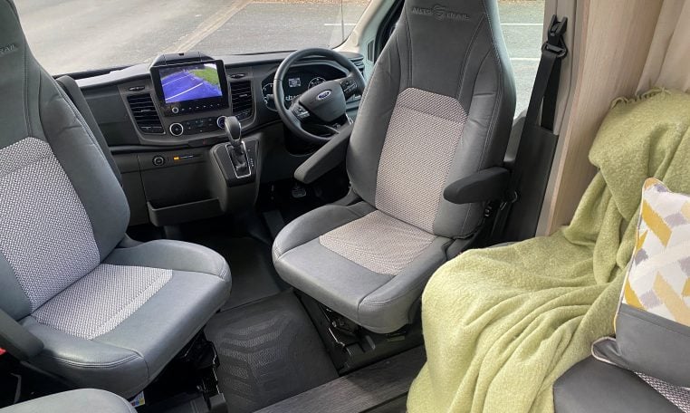 2023 Auto-Trail F-Line F74 motorhome interior view showing the cab swivel seats.