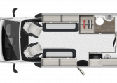 Interior floor layout of the Auto-Trail F-Line F62 showing rear kitchen, central washroom, and front lounge arrangement.