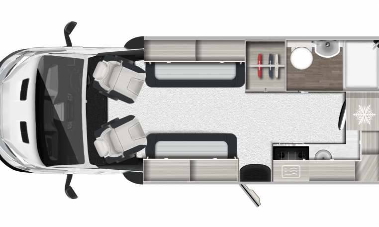 Interior floor layout of the Auto-Trail F-Line F62 showing rear kitchen, central washroom, and front lounge arrangement.