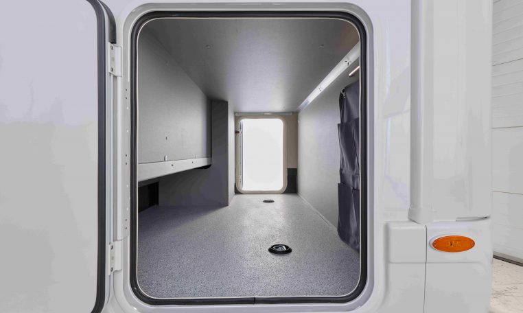 Exterior garage in the Auto-Trail Frontier Delaware for convenient, secure storage of belongings on the move.
