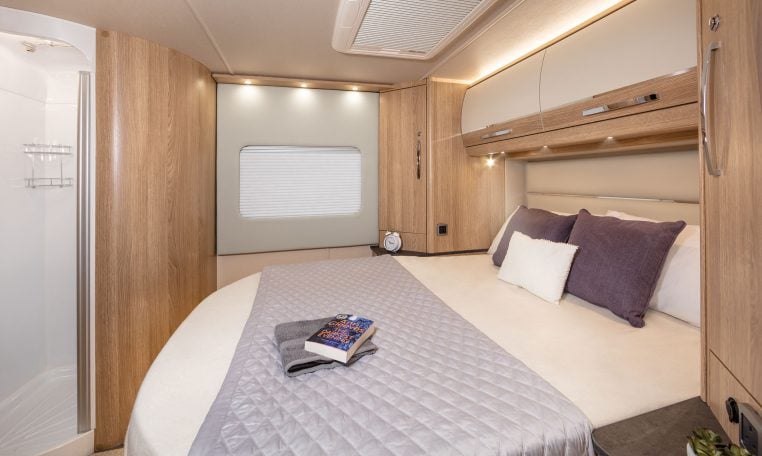 Auto-Trail Grand Frontier GF88 motorhome interior view with spacious bedroom and rear island bed.