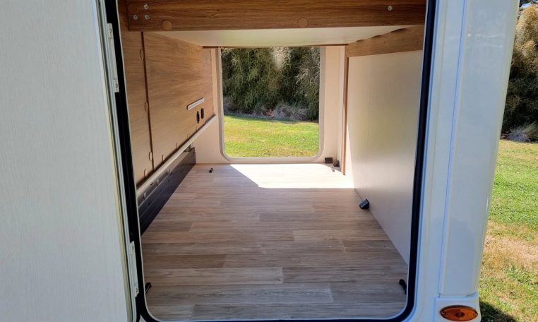 Fiat Ducato Pilote G740FC motorhome exterior view of the large garage.