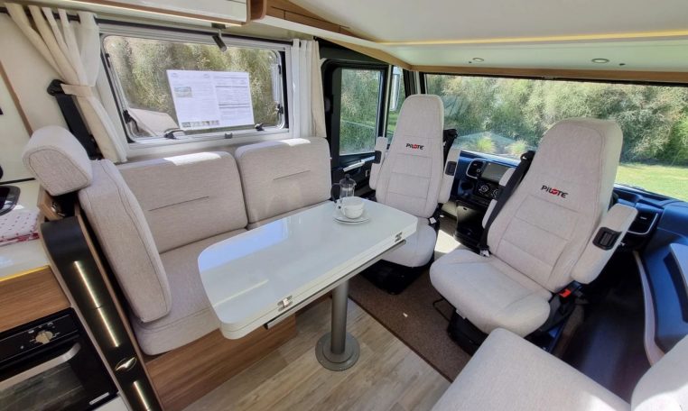 Fiat Ducato Pilote G740FC motorhome interior view showcasing the front lounge.