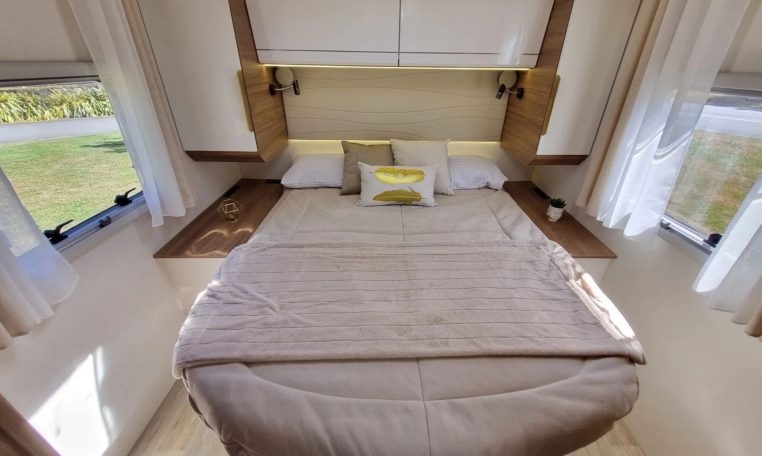 Fiat Ducato Pilote G740FC motorhome interior view showcasing the rear island bed.