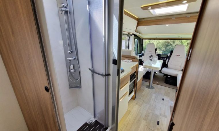 Fiat Ducato Pilote G740FC motorhome interior view showcasing the spacious separate shower.