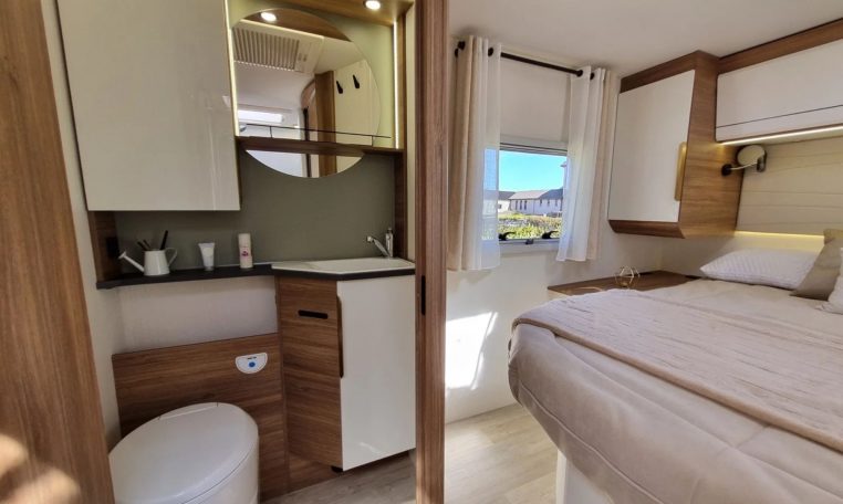 Fiat Ducato Pilote G740FC motorhome interior view showcasing the compact toilet.