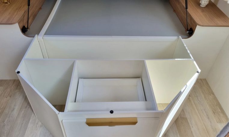 Fiat Ducato Pilote G740FC motorhome interior view highlighting the underbed storage.