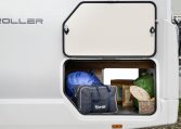 Rear storage in a Roller Team Auto-Roller 747 motorhome for storing equipment and luggage.