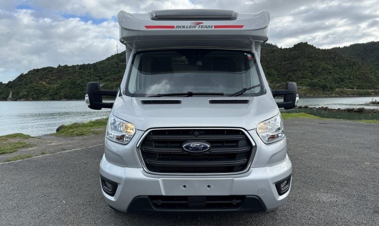 Front view of a Roller Team Zefiro 665 motorhome showing the cab and sleek exterior.