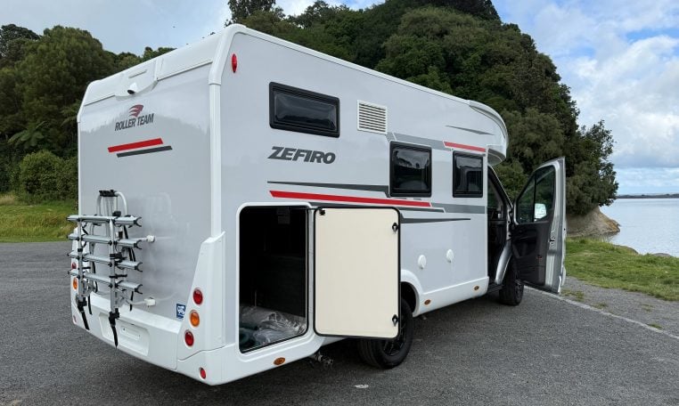 Large boot in a Roller Team Zefiro 665 motorhome for storing equipment and luggage.