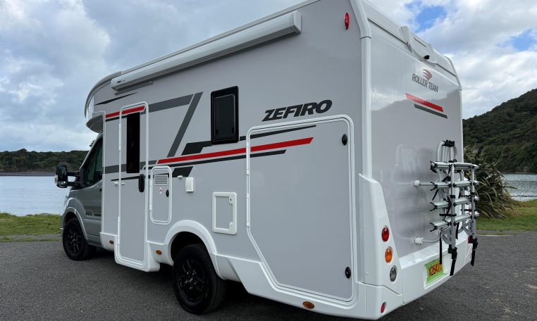 Large garage in a Roller Team Zefiro 665 motorhome for storing equipment and luggage.
